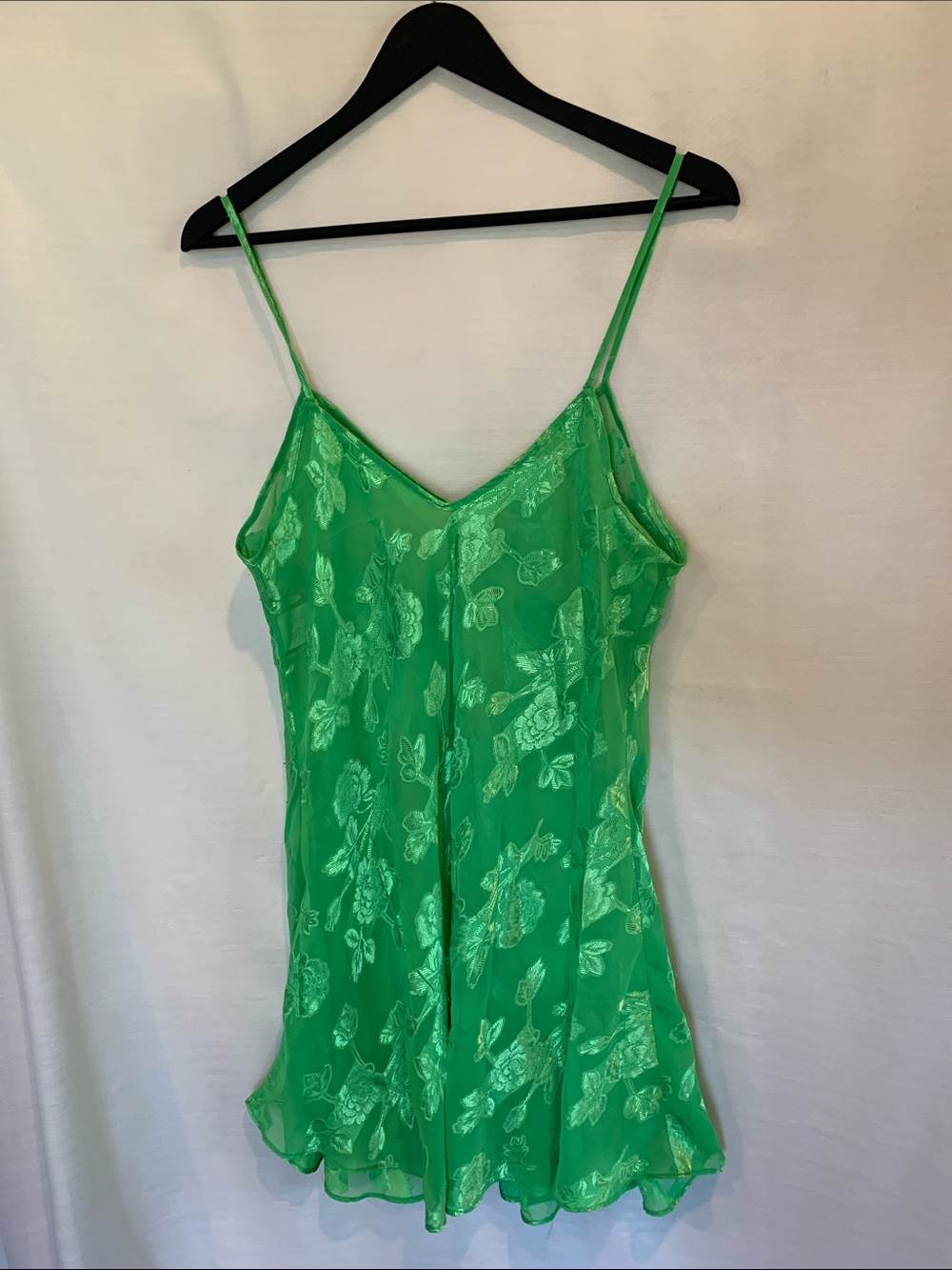 Women's Green Floral Satin Chemise with Spaghetti Straps